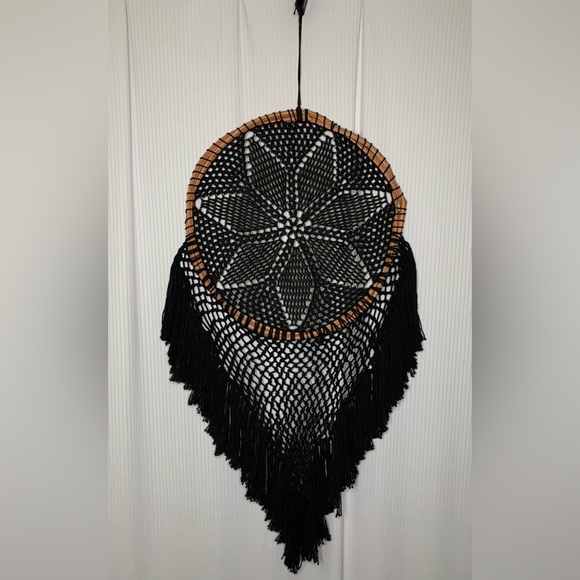 Black Macrame / Crocheted Dream Catcher With Wooden Grapevine Hoop - Hand Made - Picture 3 of 11